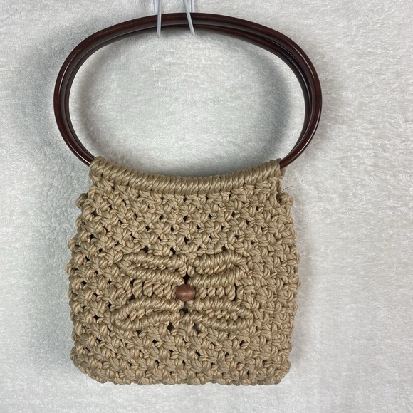 Handmade Handbags - Vintage Cream Handmade Macrame‎ Purse Oval Handle 1970's Bead Crochet Small